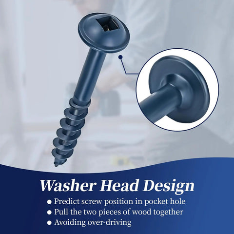 Exterior Pocket Hole Screws One And A Half Inch, Washer Head, Square Drive, Coarse Thread, Blue Coated shown close-up