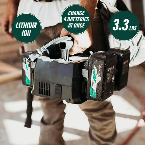 Person carrying 4 Port Pro Grade Battery Charger For 18V And 36V Lithium Ion Tools, Fast Charge With Simultaneous Or Sequential Modes