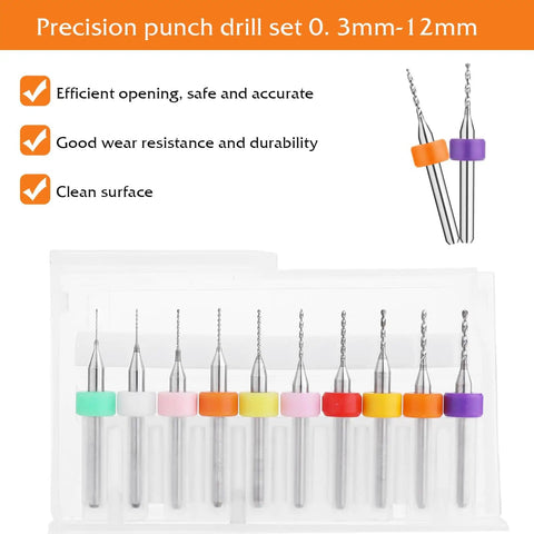 Pro Grade Micro Drill Bit Set 0.3-1.2mm tungsten carbide for PCB engraving, displayed in case, colored rings on shanks.