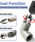 Mesee 3 Piece Pipe Threading Tool Kit With Internal External Tube Thread Cutter For 1/2 Inch 3/4 Inch And 1 Inch PVC Pipes Featuring Dual Function showing internal and external thread cutting on PVC.