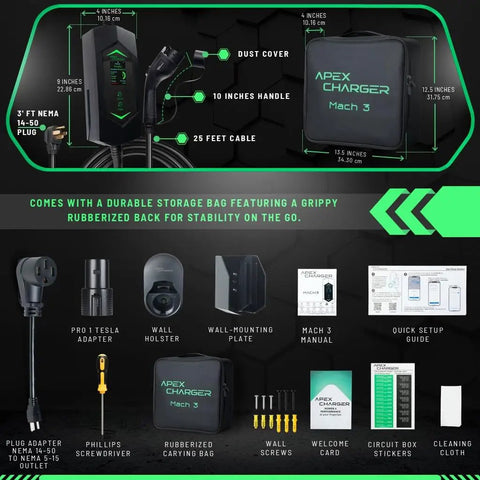 Go-To Portable Level 2 EV Charger With 40 Amp Output, 25ft Cable, 120V To 240V NEMA 14-50, Outdoor EVSE With LED Display kit contents.