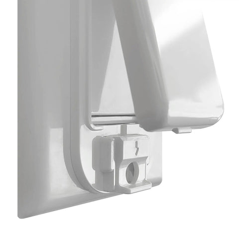 Close-up of white two pack rocker switch guard cover installed for baby proofing your home, fits single, double, triple switches.
