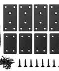 Eight Piece Black Metal Flat Mending Plates Set With 40 Screws And Screwdriver for wood shelves and furniture, stainless steel corner braces.