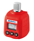 Red digital torque adapter with display, buttons, and a square drive for ratchets, featured in 'Turn Your Ratchet Into a Legit Digital Torque Tool With Four Units Of Measure, Heavy Duty 14.8 To 147.6 Ft Lbs, Buzzer And LED Alerts, ISO 6789 Calibration Certificate, Ultra Accurate From Twenty Percent To One Hundred Percent.'
