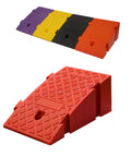 Built Tough Portable Loading Ramp With Grippiest Non Slip Surface Heavy Duty Threshold For Driveway Curb Loading Dock Wheelchair Setup Quick Swap Orange Model 25 By 45 Centimeter Compact Size For Side Walk And Parking Gate Easy Roll On Assistance in red color with anti-slip surface.