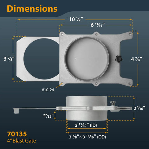 Dimensions of Pro Grade 4 Inch Aluminum Blast Gate For Dust Collection System With Self Cleaning Clog Proof Groove