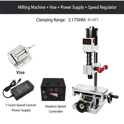 Badass Mini Bench Drill Press Kit With Smooth 24 Volt Seven Speed And Stepless Controller Digital Display Desktop Milling Machine and Vise.