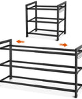 Space Saver Expandable Shoe Rack 18.5 To 33 Inches Wide 3 Tier Metal Shoe Organizer No Tools Assembly with hooks, black.