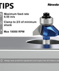 Rock Solid 45 Degree Chamfer Router Bit Set With 1/4 Inch Shank displayed above a work surface with usage tips.