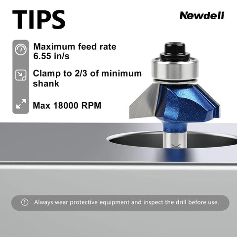 Rock Solid 45 Degree Chamfer Router Bit Set With 1/4 Inch Shank displayed above a work surface with usage tips.
