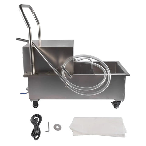 Heavy Duty 370W Commercial Fryer Oil Filter Cart With Stainless Steel Body for restaurants, featuring a tank, hoses, and wheels.