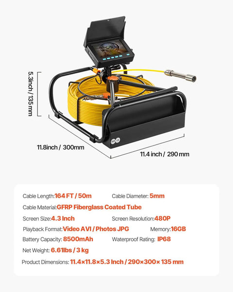 Drain Camera Kit With 164ft Cable, 4.3 Inch Color Screen, DVR Recording, Flexible Snake Cable, IP68 Waterproof Borescope With LED Lighting, Rugged Endoscope For Home Plumbing, Wall Duct And Sewer Inspection, 4.3-inch screen and yellow 164 ft cable