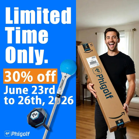 Man holding box of Indoor Outdoor Golf Simulator With Swing Stick And Game Changing Motion Sensor 3D Swing Analysis E6 Connect