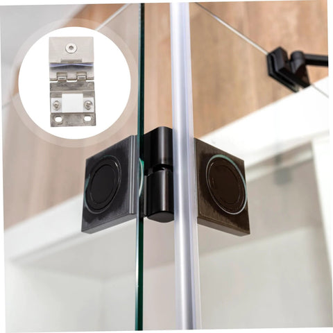 Glass door hinge for wine cabinets; black clamp hinge with screws installed on glass panels