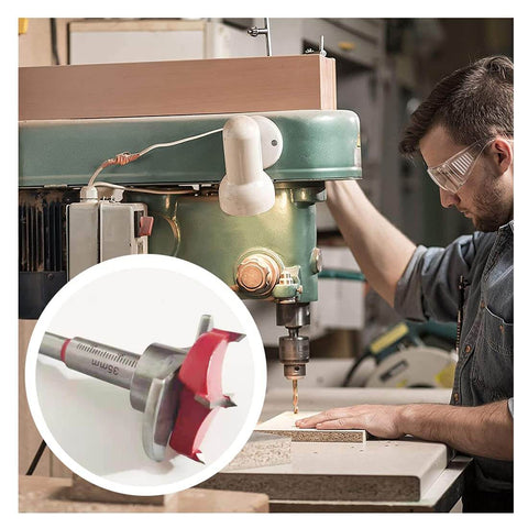 Pro Grade Forstner Drill Bit Set Thirty Five Millimeter Concealed Hinge Jig Kit in woodshop, close-up of drill bit head.