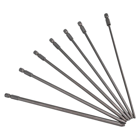 Ultra Long 7-Piece Screwdriver Bits Set PH1 PH2 With Deep Reach 200mm Extra Length Drivers For Tough Jobs 6.35mm Hex Shank Mag Head High Quality Steel Power Tool Kit That Never Gets Slipped. 200mm steel hex shank bits