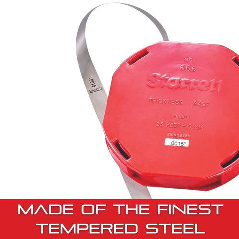 Tempered Steel Thickness Gauge Feeler Stock In Rolls With Straight Leaves For Carpentry And Home Improvement, 25 Feet Long, 0.50 Inch Leaves, Precise 0.0015 Inch Readings, Durable Tool For Pros And DIYers with red dispenser and visible steel tape.