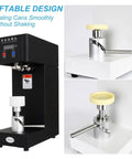 Top Notch Electric Can Sealer Machine With Smart LCD Display And Adjustable Height For Perfectly Sealing Beverages Like Juice, Bubble Tea, And Beer Using Durable Stainless Steel Build In Sleek White And Black Finish showcasing the liftable design.