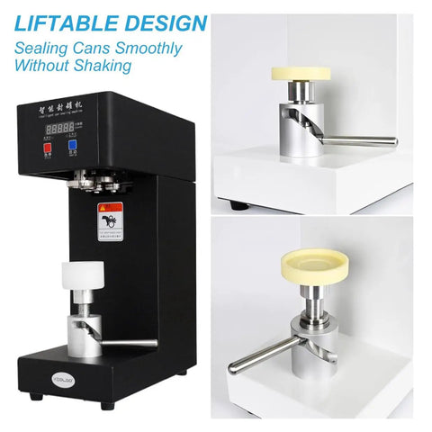 Top Notch Electric Can Sealer Machine With Smart LCD Display And Adjustable Height For Perfectly Sealing Beverages Like Juice, Bubble Tea, And Beer Using Durable Stainless Steel Build In Sleek White And Black Finish showcasing the liftable design.