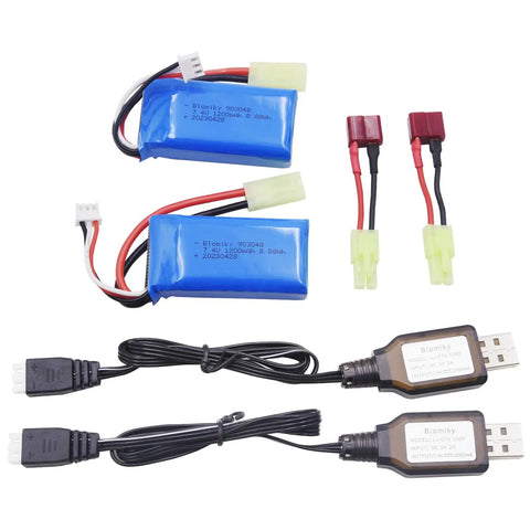 2 Pack 7 4V 1200mAh LiPo Batteries with USB Charger Cables for 1 to 18 Scale RC Trucks Replacement Includes Mini Tamiya Plug and T Plug Adapters