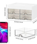 Desktop Organizer With Drawer And Multi Compartment Storage Box White with 4 transparent drawers and size dimensions shown