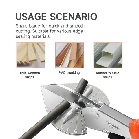 Multi Angle Miter Shear Cutter With Adjustable 45 To 135 Degrees And Safety Lock For DIY Home Improvement Cutting Plastic PVC Molding Trim Pro Grade Stainless Steel Blades For Fast Clean Cuts cutting a rubber strip.