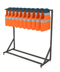 Heavy Duty Life Vest Holder Rack With Smooth Locking Wheels displaying orange life vests organized on a metal frame.