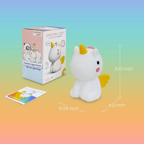 Unicorn Night Light For Kids with Dimmable Multi Color Glow Rechargeable Silicone Unicorn Lamp dimensions and packaging