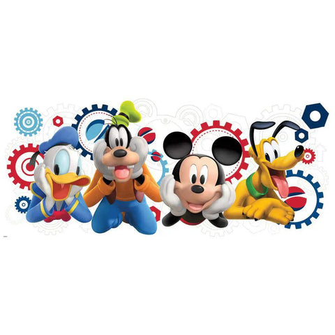 Mickey Mouse Clubhouse Capers Giant Peel And Stick Wall Decals featuring Mickey, Goofy, Donald, and Pluto with gears background