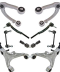 Front Control Arm Ball Joint Sway Bar Link Tie Rod End Steering Suspension Kit Ten Piece Premium Durable Heavy Duty Upgrade For Cadillac SRX components on white background.