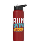 Red Swim And Run Insulated Stainless Steel Water Bottle For Aquathlon Training Keeps Drinks Cold Or Hot Durable Hydration Gear For Athletes