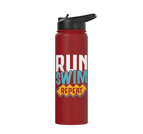 Red Swim And Run Insulated Stainless Steel Water Bottle For Aquathlon Training Keeps Drinks Cold Or Hot Durable Hydration Gear For Athletes