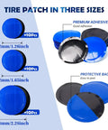 Hella Tough Tire Repair Patch Kit With Tungsten Steel Buffing Wheel Rubber Patches showing three sizes of 32mm, 42mm, and 58mm patches.