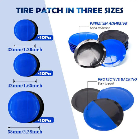 Hella Tough Tire Repair Patch Kit With Tungsten Steel Buffing Wheel Rubber Patches showing three sizes of 32mm, 42mm, and 58mm patches.