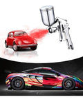 Heavy Duty F-75 Spray Gun With Aluminum Cup And Silver Handle For Car Auto Bodywork Or Furniture Painting Adjustable Nozzle Control painting a red car and vibrant sports car.