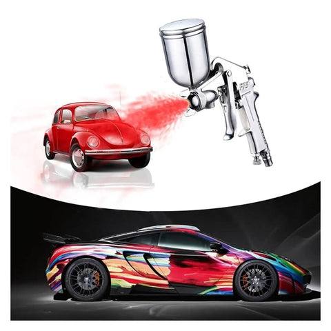 Heavy Duty F-75 Spray Gun With Aluminum Cup And Silver Handle For Car Auto Bodywork Or Furniture Painting Adjustable Nozzle Control painting a red car and vibrant sports car.