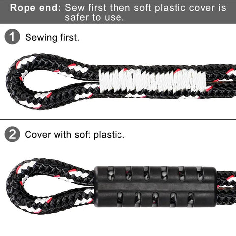 Close-up of a rope end with sewing and soft plastic cover for 3 Pack Ninja Monkey Bars Obstacle Course Set With Wood And Rope Trapeze Swing Attachments 250 Lb Capacity Built Tough For Backyard Ninja Line Slackline Training For Kids And Teens Black.
