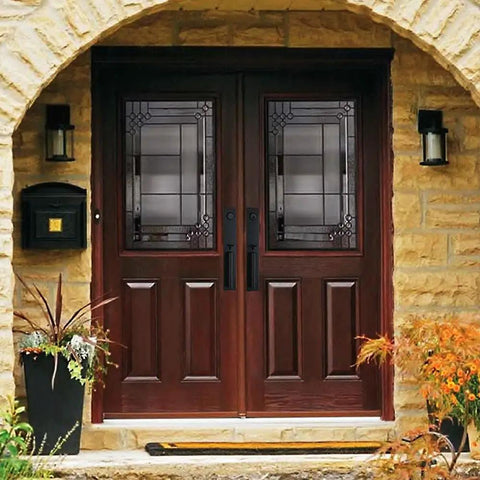 Iron Black Front Double Door Handleset With Keyed Entry And Dummy Set, Matte Black Finish, installed on wooden double doors
