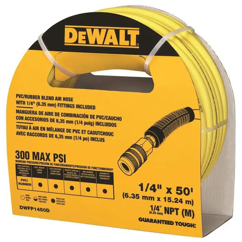 DeWalt PVC/Rubber air hose with 1/4 inch fittings, 300 MAX PSI, yellow durable blend for air tools and pneumatic systems.