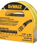 Coiled yellow air hose with Fifty By One Quarter Inch Blend Hose Fittings For Air Tools And Pneumatic Systems In Gray Durable Quick Connect Set