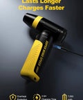 Kickass Electric Air Duster And Blower For PC And Car Cleaning, 150000 RPM Turbo Fan, USB Rechargeable 5V 2A, black and yellow unit charging