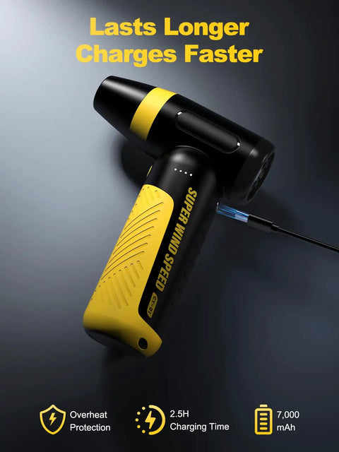 Kickass Electric Air Duster And Blower For PC And Car Cleaning, 150000 RPM Turbo Fan, USB Rechargeable 5V 2A, black and yellow unit charging