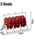 Rugged Heavy Duty Spool Rack For One To Five Reels Adjustable Cable Reel Dispenser, showing three red reels, metal frame