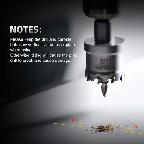 Close-up Mollom carbide hole saw (1-1/4 in / 32 mm) with two pilot bits in a drill chuck