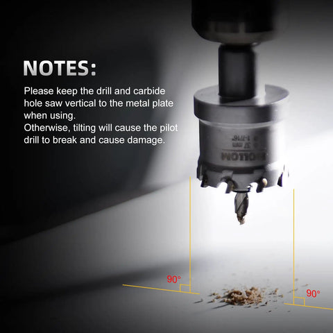 Close-up of a Badass Twelve Piece Tct Carbide Hole Saw Kit, showing pilot drill and notes on drilling vertical for best results.