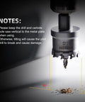 Beefy Heavy Duty Carbide Hole Saw Kit Half Inch 13mm With 2 Pilot Bits for fast cuts in metal, shown drilling into metal plate.