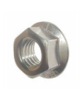 Top Shelf 6-32 Stainless Steel Flange Nuts Featuring A Tight Serrated Base That Kills Vibration Cold For Industrial Grade Locking Fasteners, close-up view.
