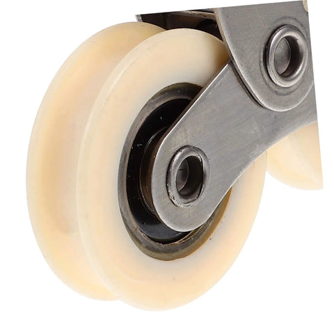Close-up of Heavy Duty Sliding Door Rollers Kit, showcasing aluminum alloy wheels and stainless steel track components.