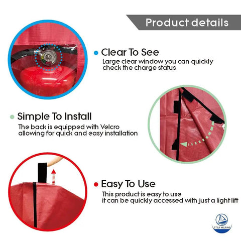 Heavy Duty Fire Extinguisher Cover With Window For 10 To 20 Lb Units Durable PVC Sleeve With Wear Resistant Build And Black Trim Easy Hook And Loop Closure For Quick Install Bright Red For Clear Visibility 17 In Wide By 25 In Long
