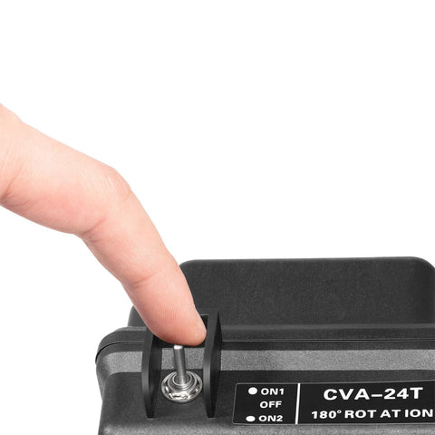 Close-up of black Yoursme CVA-24T valve actuator; finger presses mounting pin on the front, with ON1 OFF ON2 label.